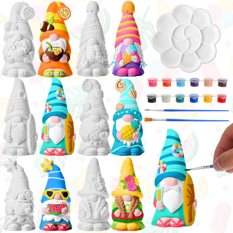 Arrowbash 6 Pcs Summer Ceramics to Paint Ready to Paint Your Own Gnome Statues 5.12 Beach Theme Paintable Figurines DIY Unpainted Ceramics Plaster Crafts Kit with Brush Palette - Image 1